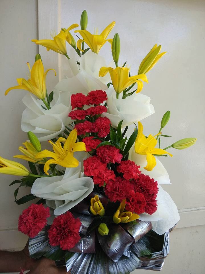 Basket of Yellow Lilly & Red Carnation